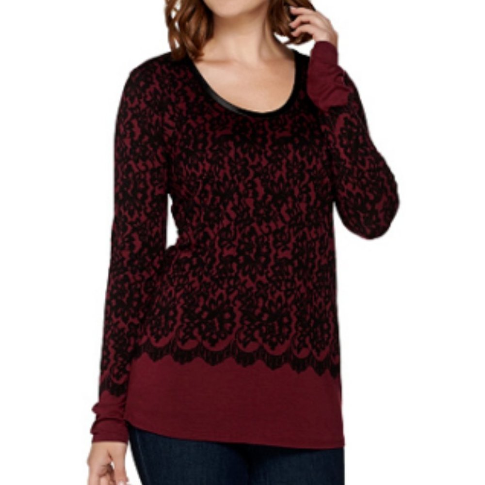 Kelly Clinton Kelly Printed Lace Jersey Scoop Top Satin Trim Wine M NEW - Picture 1 of 8